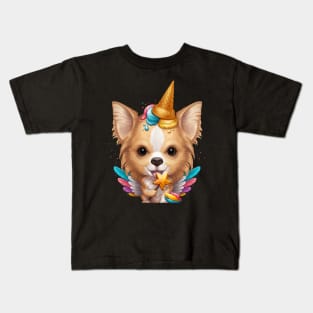 Fawn White Long Coat Chihuahua Ice Cream Unicorn Kids T-Shirt